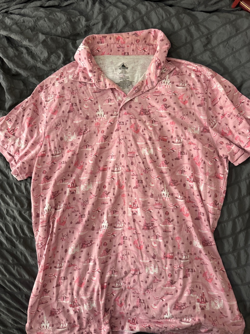 Disney Parks Park Life WDW Pink Polo Shirt Men’s Large Attractions Print